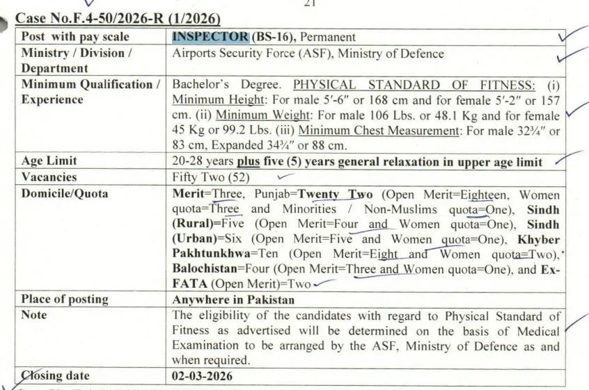 ASF Inspector Jobs 2026 Official Advertisement 